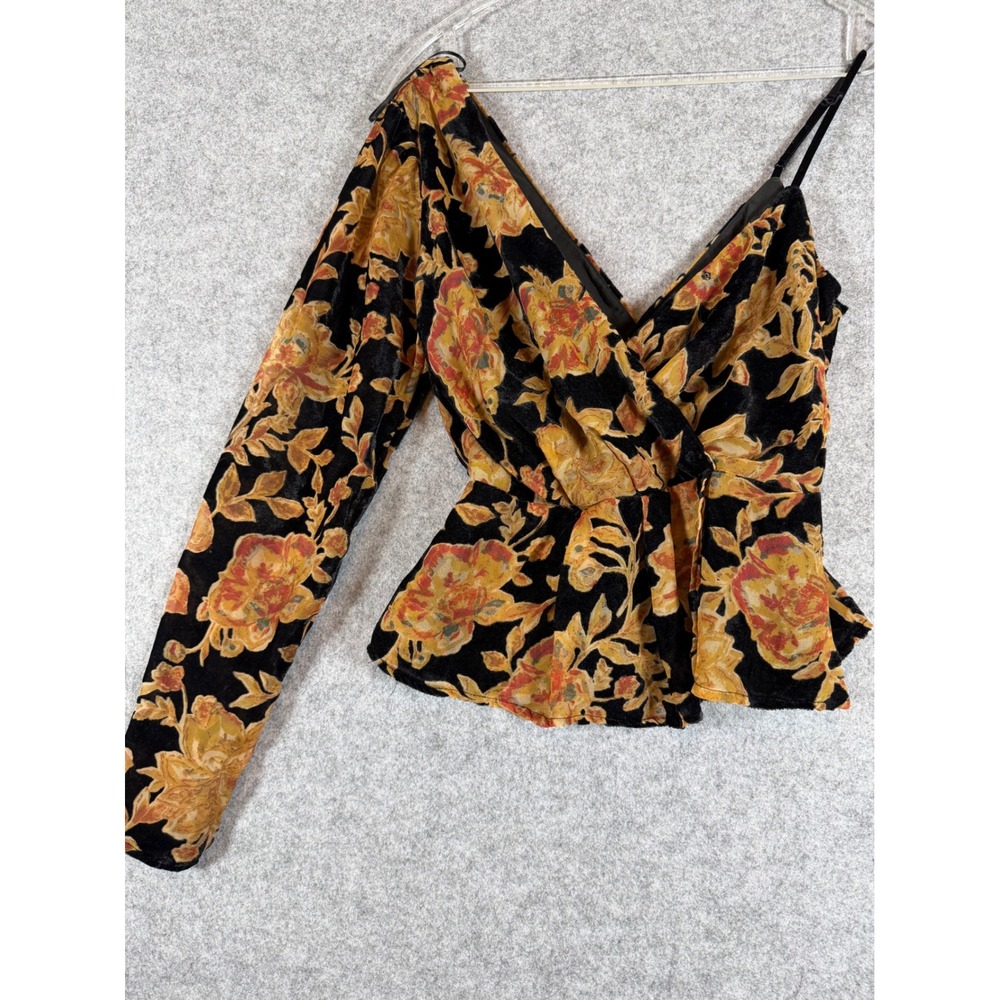 Lost + Wander Floral One Shoulder Peplum Top XS Black Gold Burnout Velvet